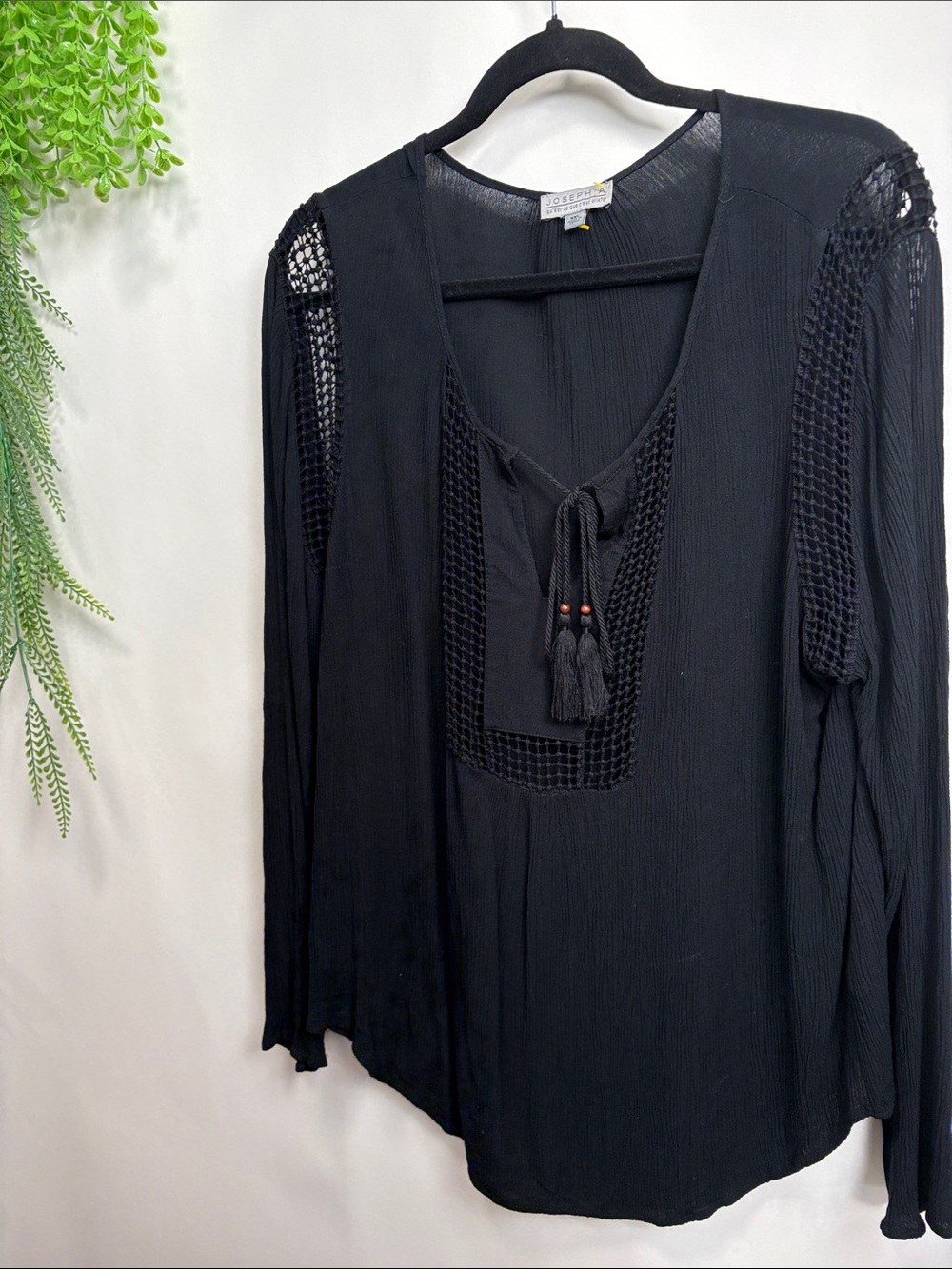 Joseph Black Ribbed Knit Top with Tassel Detail